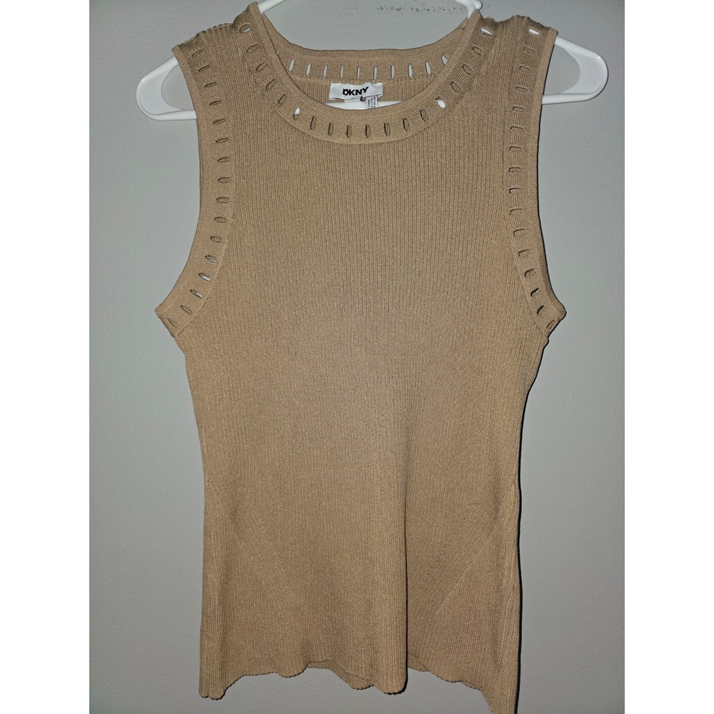 DKNY Womens Tan Ribbed Knit Sleeveless Top Pointelle Cut Out Tank UD5TRW65 Large